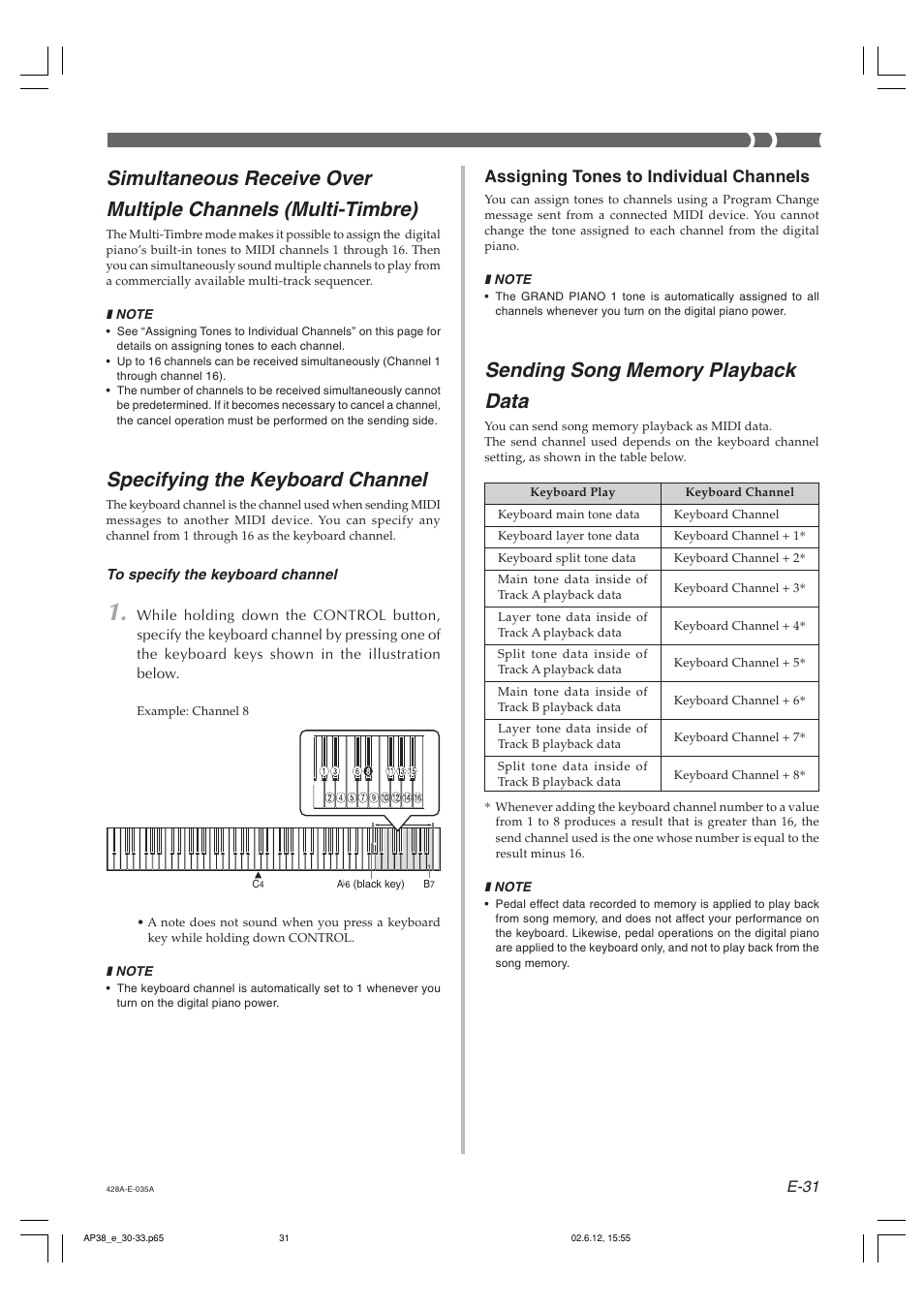 Specifying the keyboard channel, Assigning tones to individual channels | Casio AP-38 User Manual | Page 35 / 54