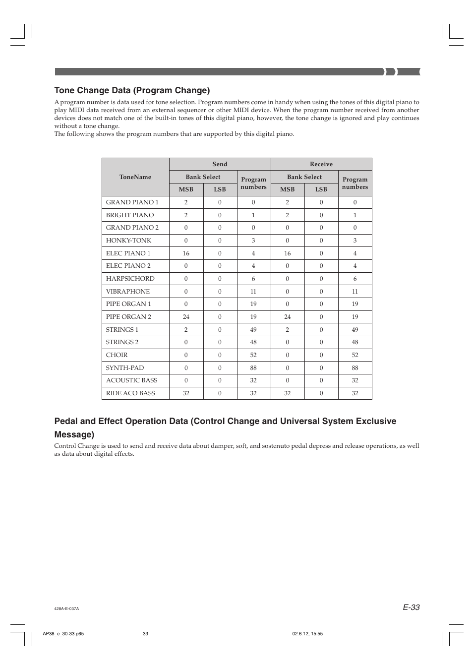 Tone change data (program change), E-33 | Casio AP-38 User Manual | Page 37 / 54