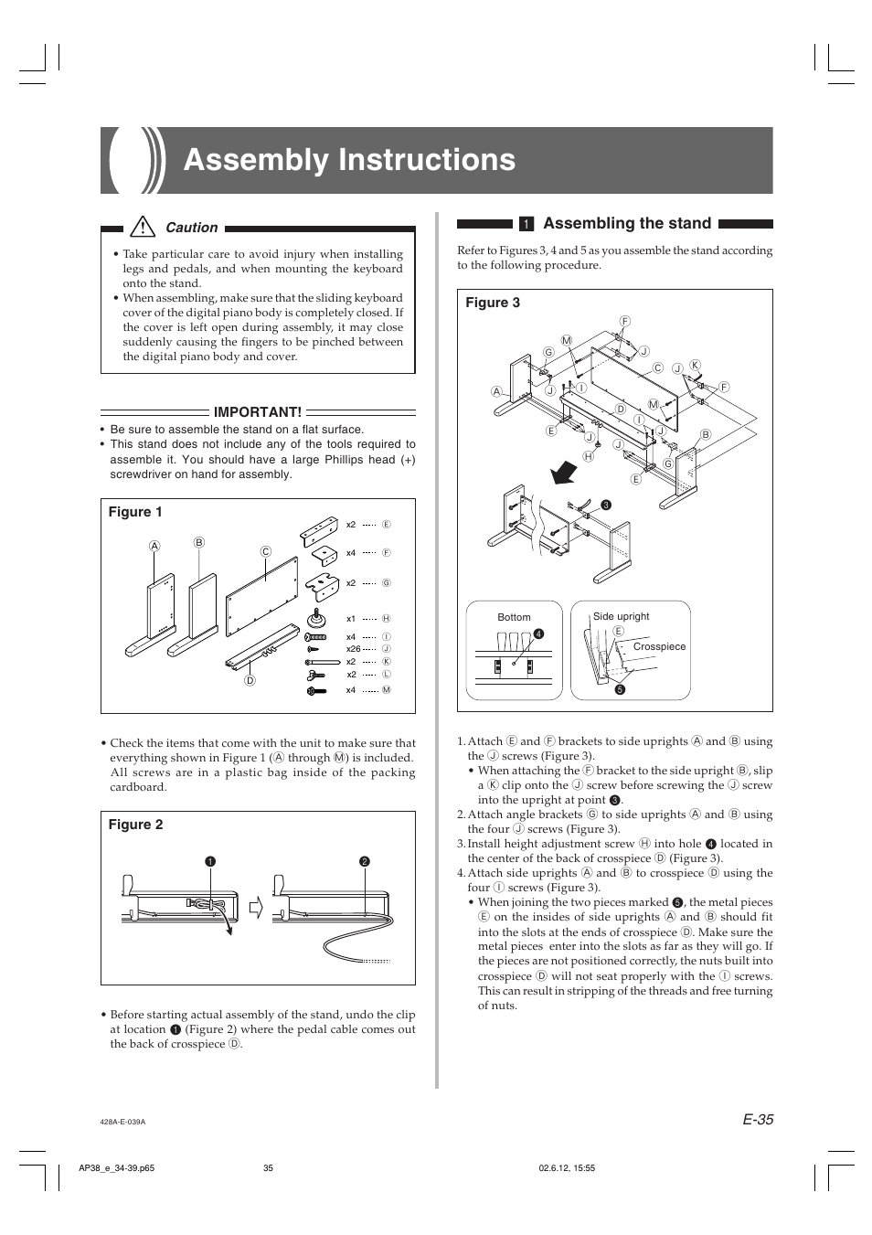 Assembly instructions, 1 assembling the stand, E-35 | Casio AP-38 User Manual | Page 39 / 54