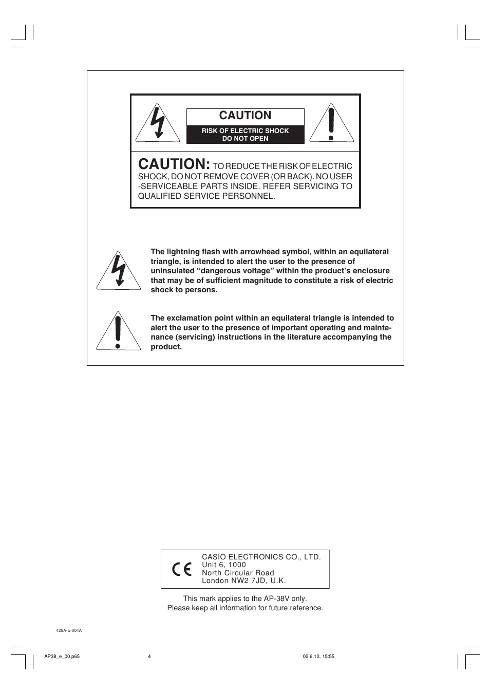 Caution | Casio AP-38 User Manual | Page 4 / 54