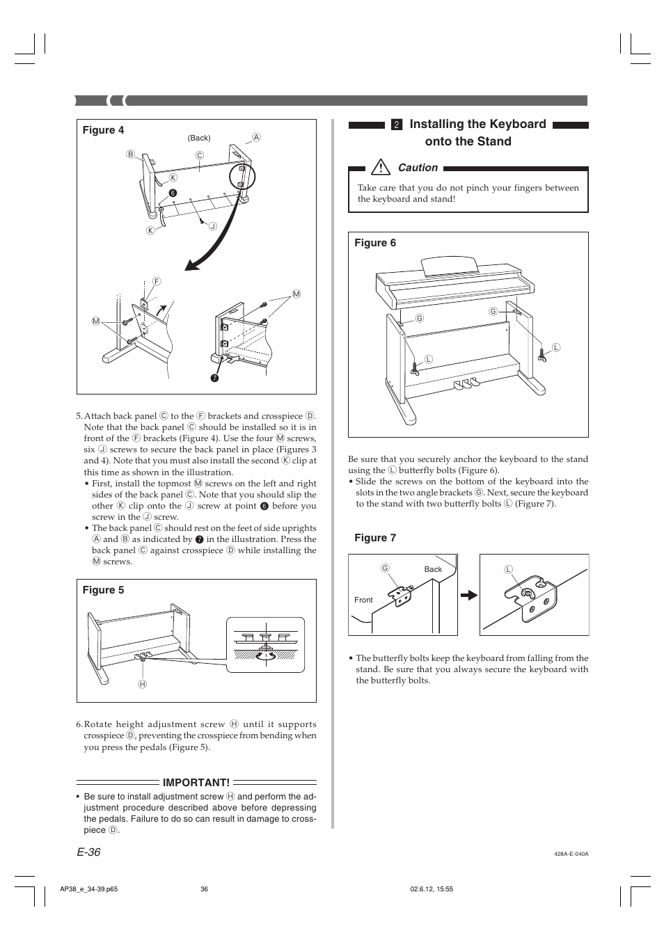2 installing the keyboard onto the stand, E-36 | Casio AP-38 User Manual | Page 40 / 54