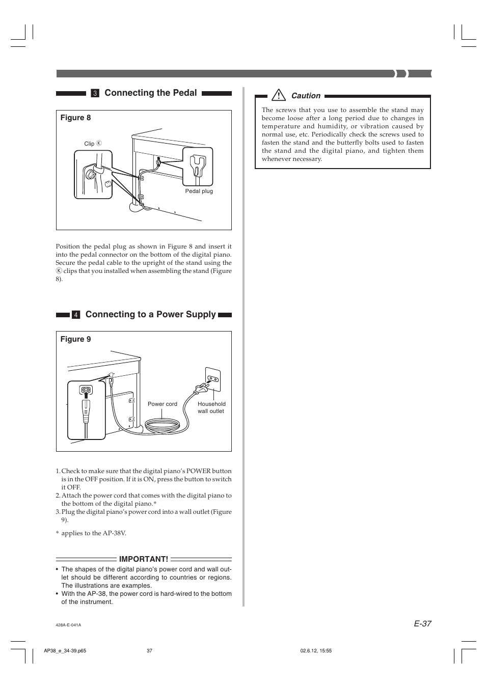 3 connecting the pedal, 4 connecting to a power supply, E-37 | Casio AP-38 User Manual | Page 41 / 54