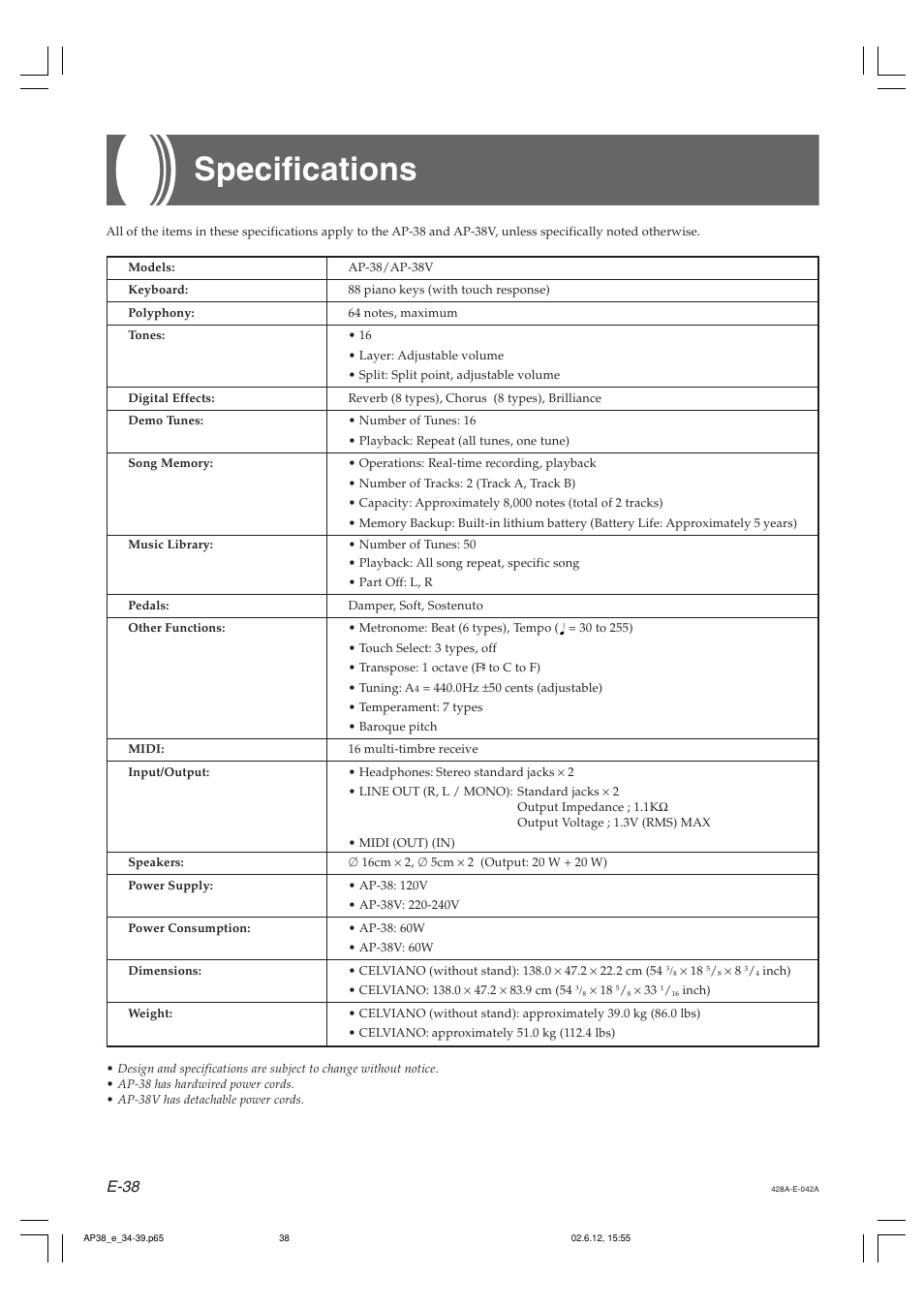 Specifications, E-38 | Casio AP-38 User Manual | Page 42 / 54