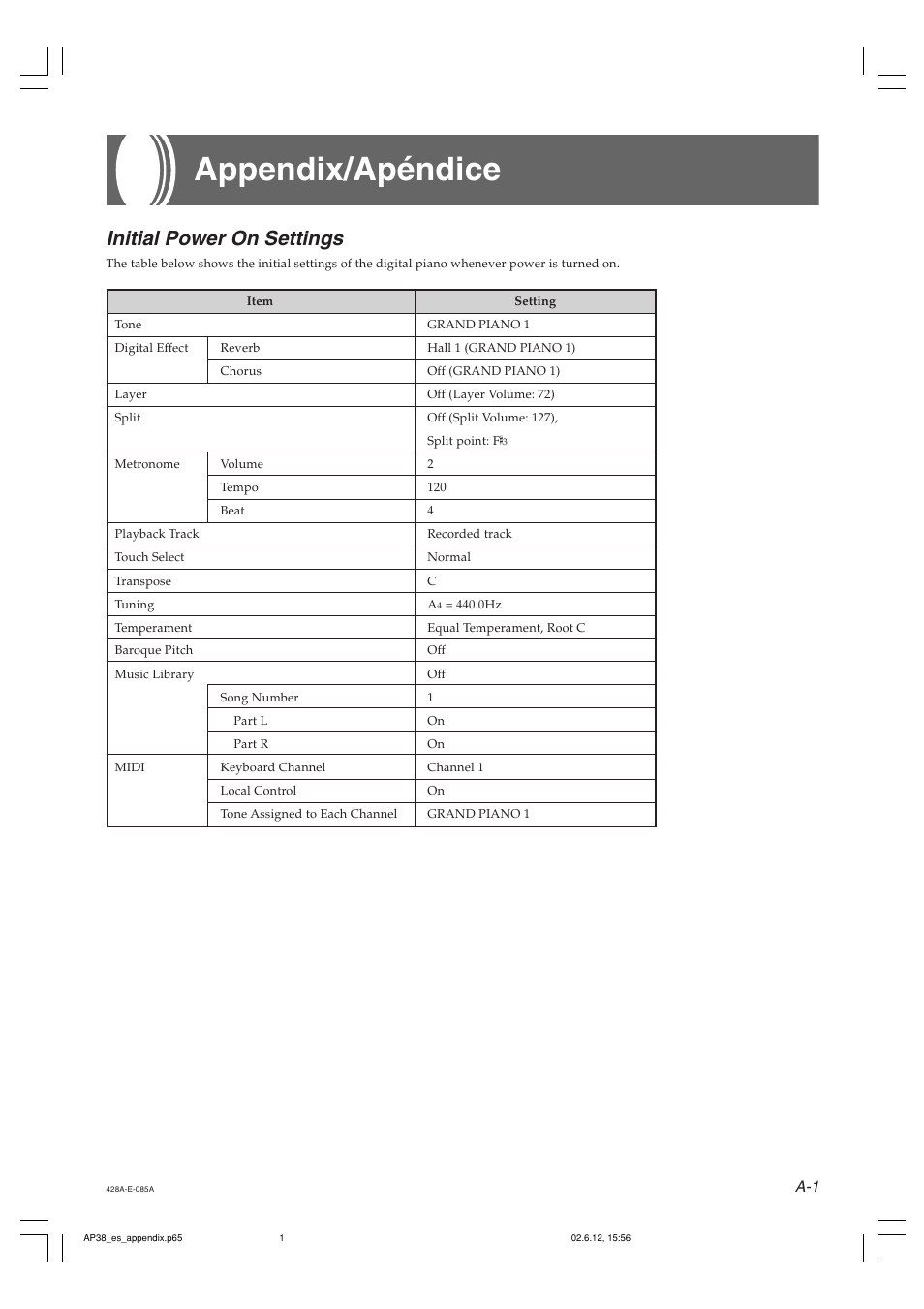 Appendix/apéndice, Initial power on settings | Casio AP-38 User Manual | Page 44 / 54