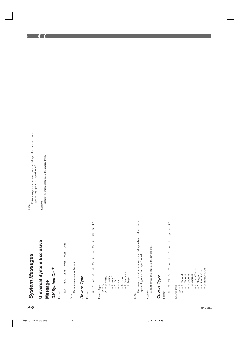 System messages, Universal system exclusive message, Gm system on | Reverb t ype, Chorus t ype | Casio AP-38 User Manual | Page 51 / 54