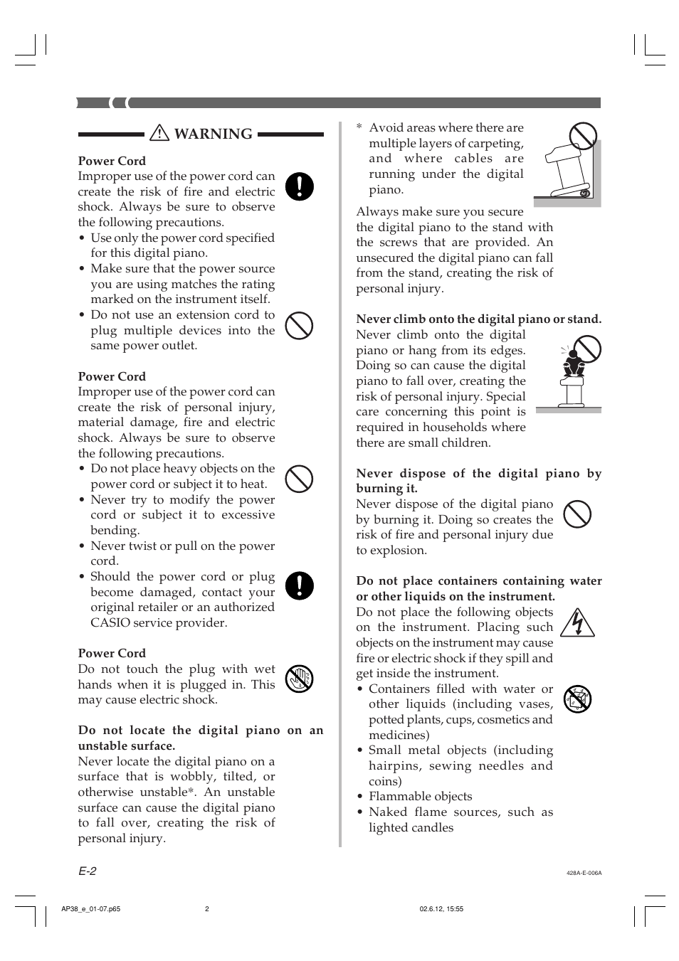 Warning | Casio AP-38 User Manual | Page 6 / 54