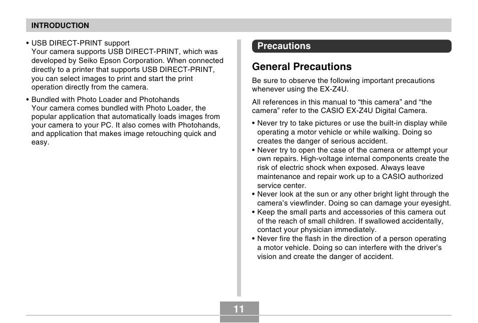 General precautions | Casio EX-Z4U User Manual | Page 11 / 57