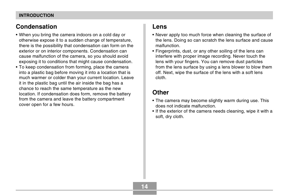 14 lens, Other, Condensation | Casio EX-Z4U User Manual | Page 14 / 57