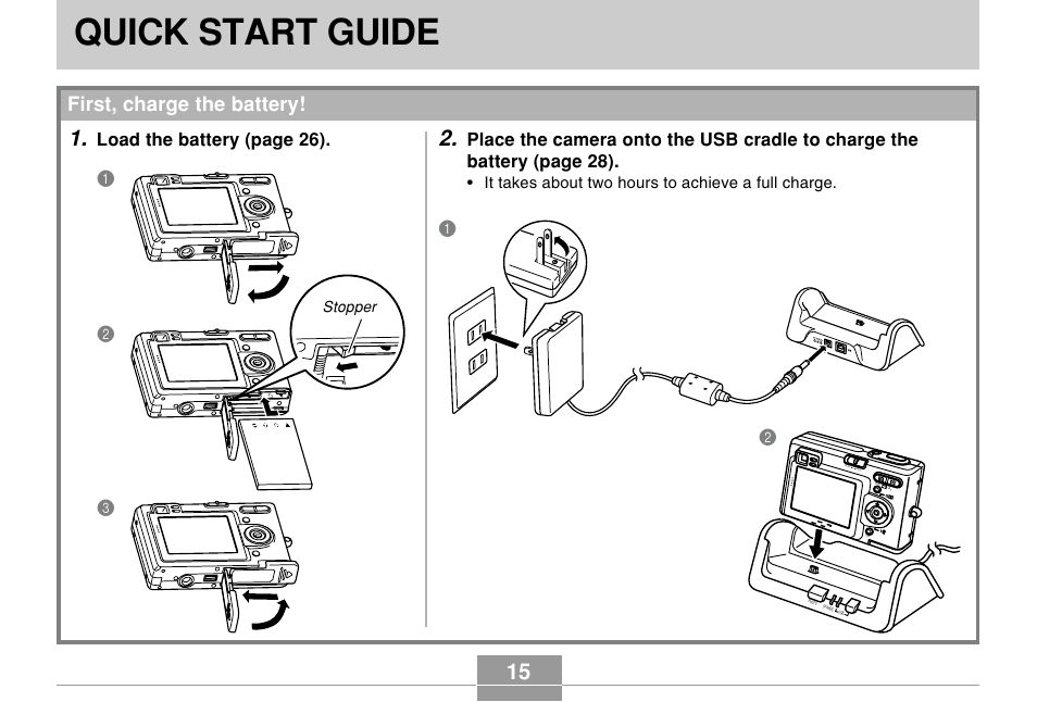 Quick start guide, First, charge the battery, Load the battery (page 26) | Casio EX-Z4U User Manual | Page 15 / 57