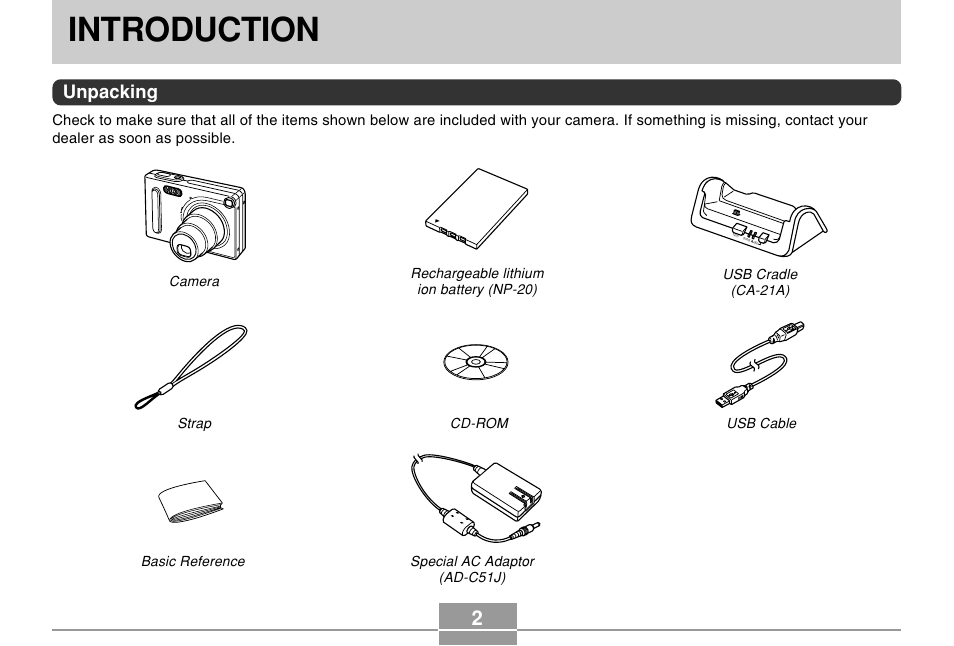Introduction, Unpacking | Casio EX-Z4U User Manual | Page 2 / 57