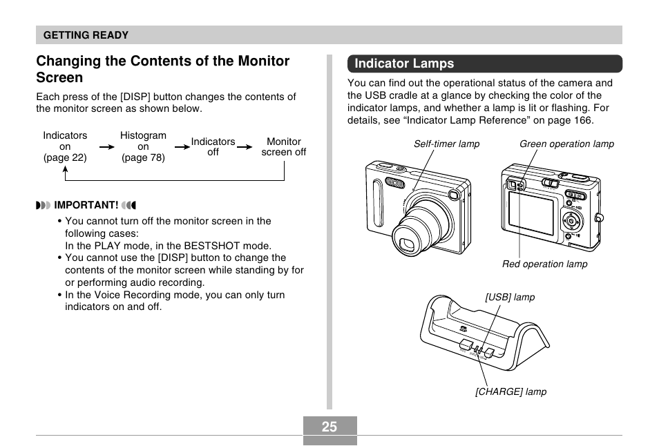 Changing the contents of the monitor screen, Indicator lamps | Casio EX-Z4U User Manual | Page 25 / 57