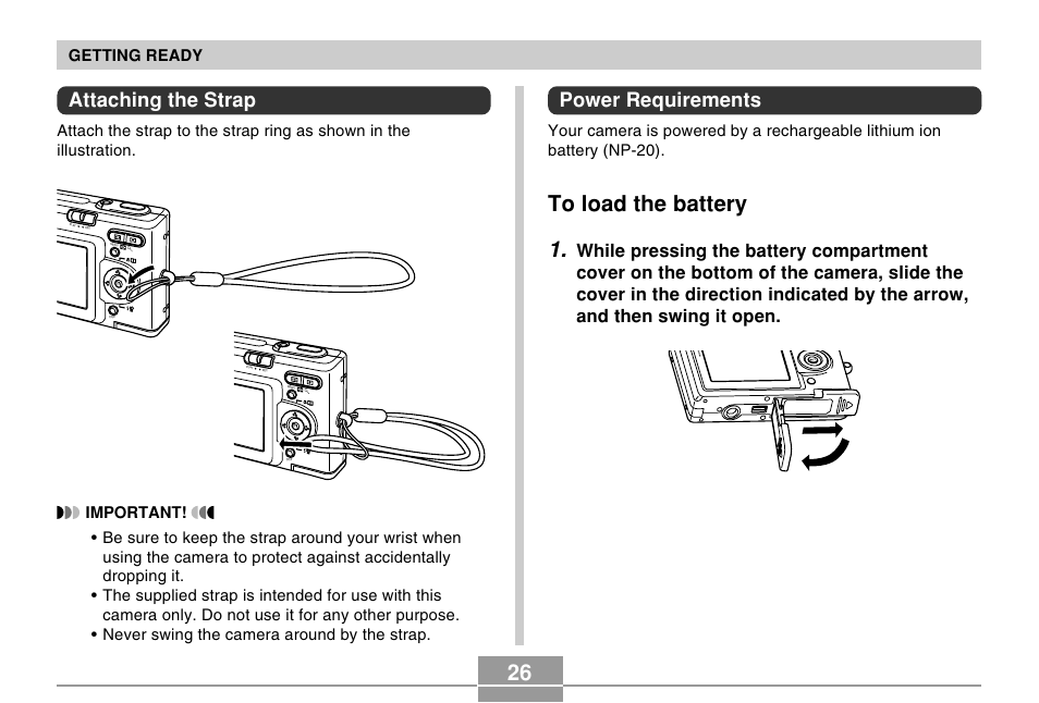Attaching the strap, Power requirements, Getting ready | Casio EX-Z4U User Manual | Page 26 / 57