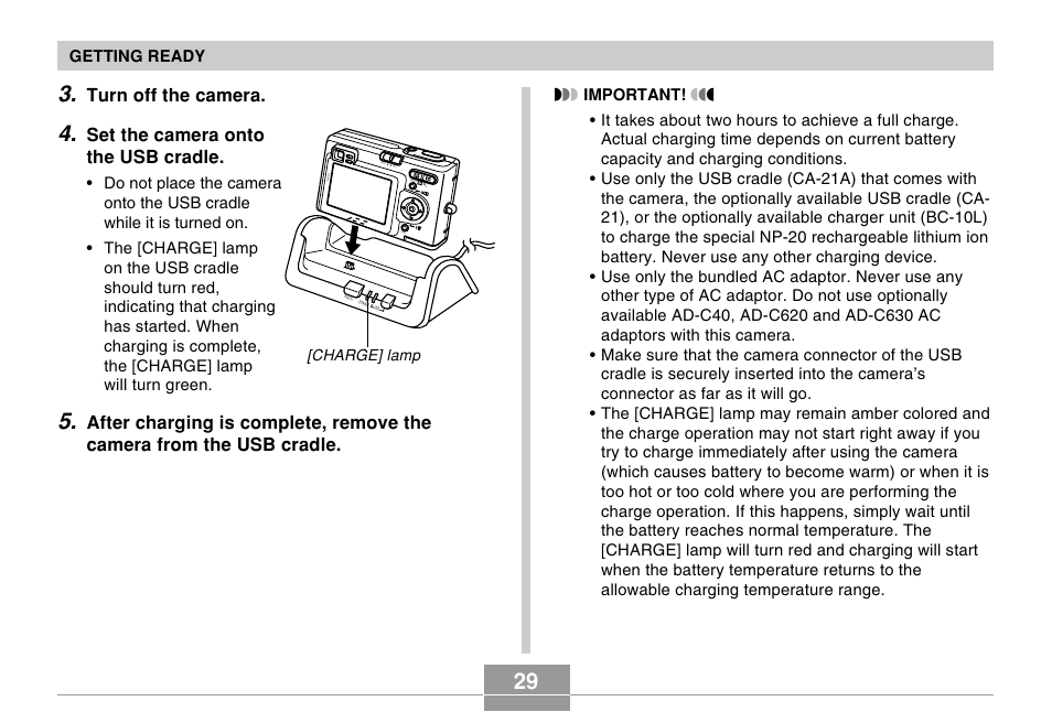 Turn off the camera, Set the camera onto the usb cradle | Casio EX-Z4U User Manual | Page 29 / 57