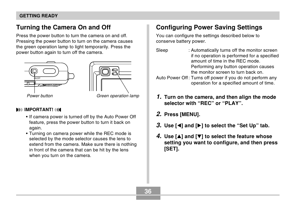 36 configuring power saving settings, Turning the camera on and off | Casio EX-Z4U User Manual | Page 36 / 57