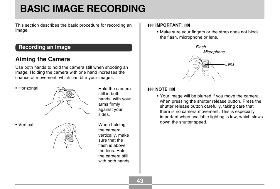 Basic image recording, Aiming the camera | Casio EX-Z4U User Manual | Page 43 / 57