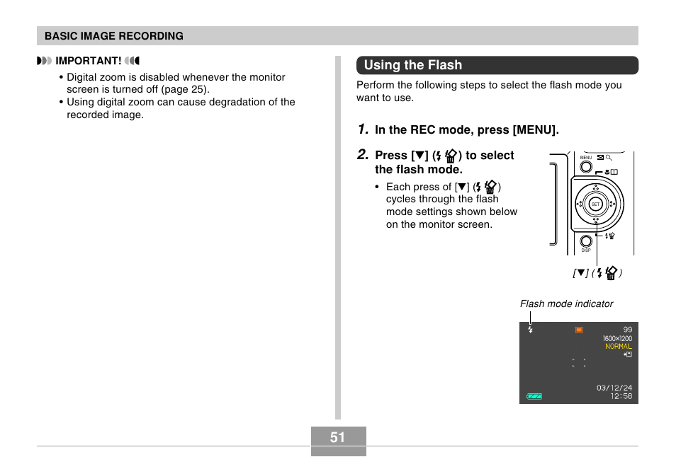 Using the flash | Casio EX-Z4U User Manual | Page 51 / 57