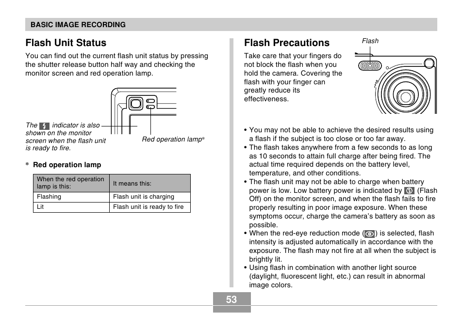 Flash unit status, Flash precautions | Casio EX-Z4U User Manual | Page 53 / 57