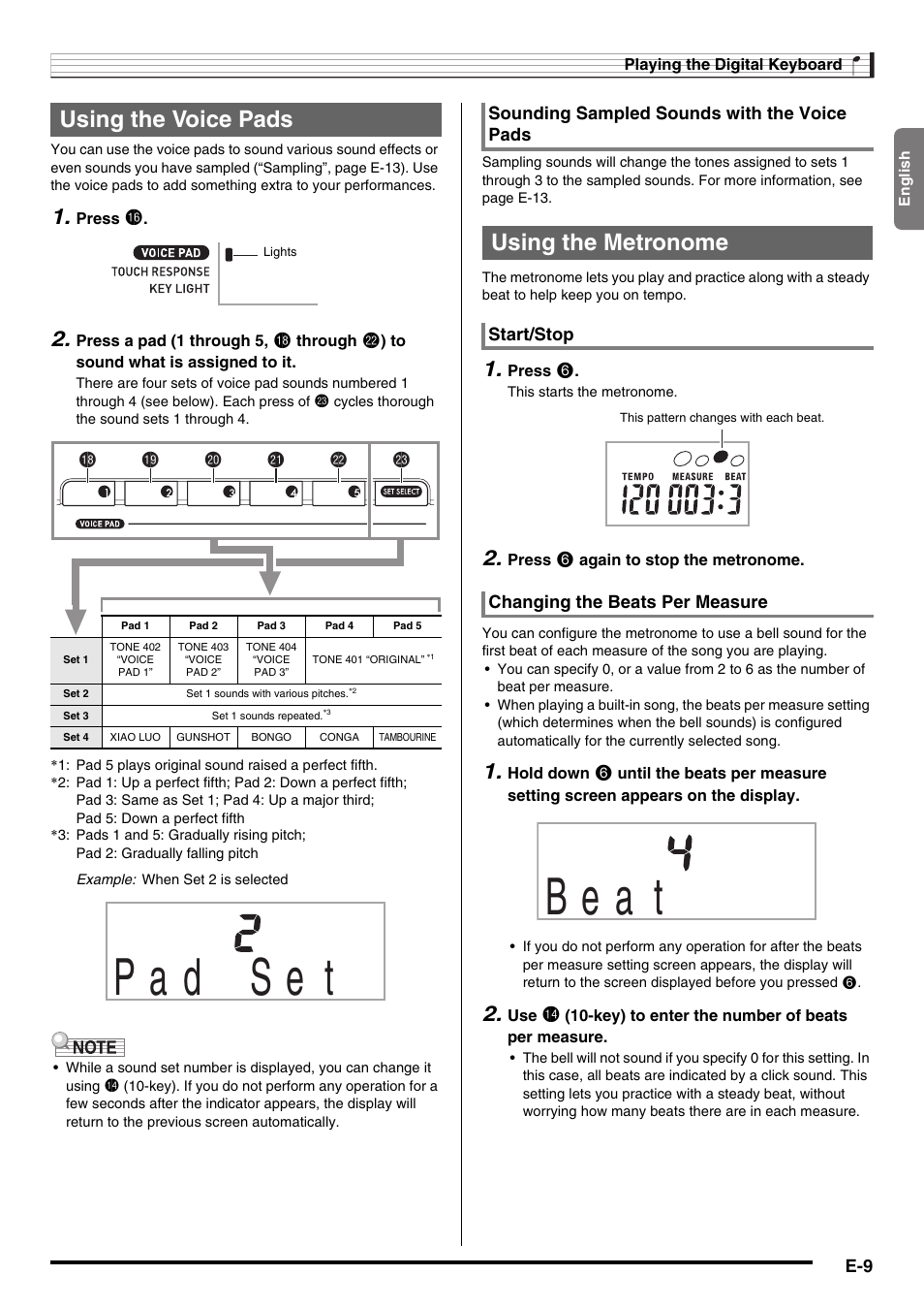B e a t, Using the voice pads, Using the metronome | Bs bt ck cl cm cn | Casio LK230ES1A User Manual | Page 11 / 47