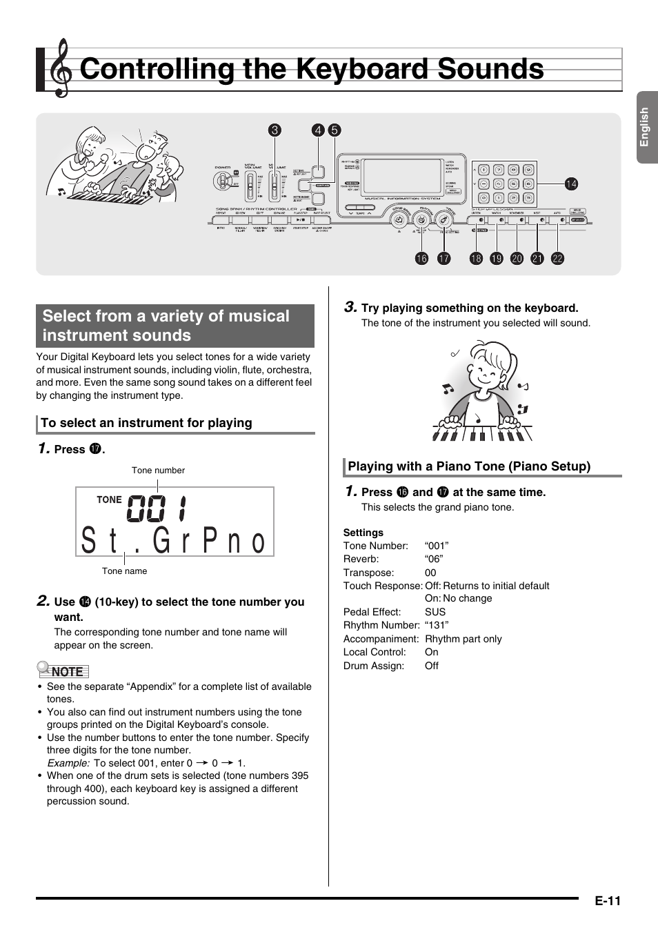 Controlling the keyboard sounds, Select from a variety of musical instrument sounds | Casio LK230ES1A User Manual | Page 13 / 47