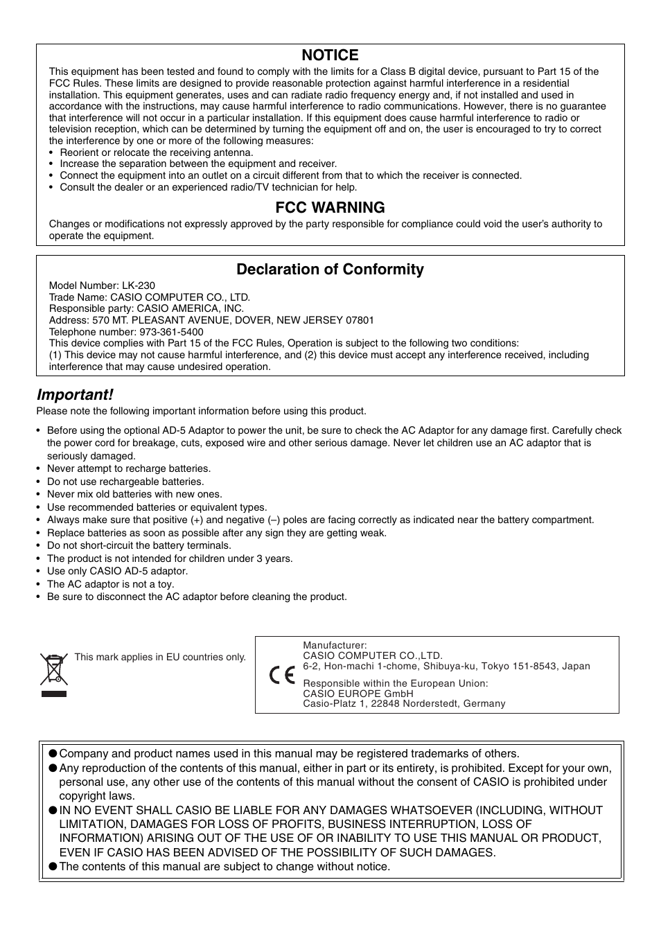 Important, Notice, Fcc warning | Declaration of conformity | Casio LK230ES1A User Manual | Page 2 / 47