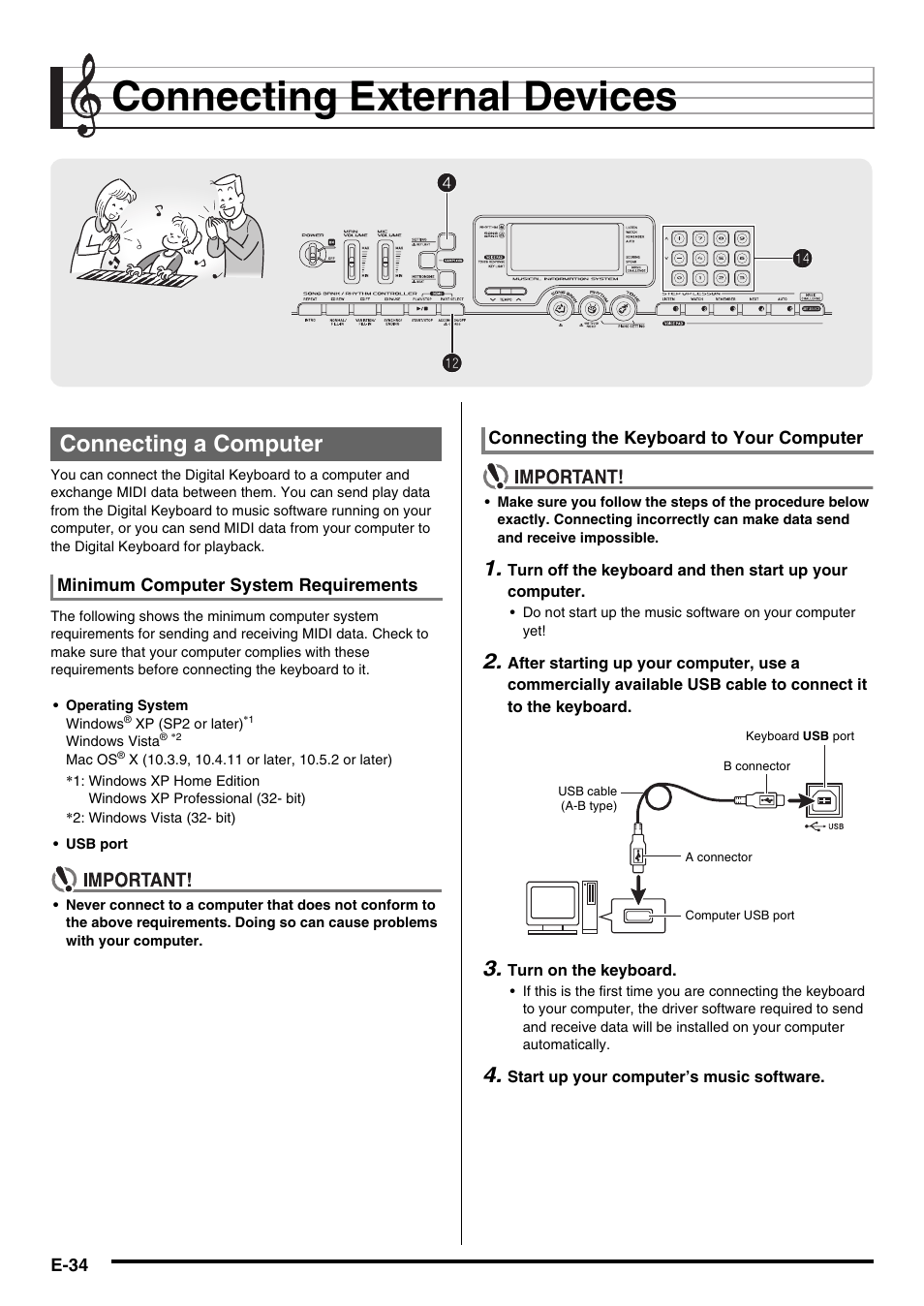 Connecting external devices, Bm bo bo 4 4, Connecting a computer | Casio LK230ES1A User Manual | Page 36 / 47