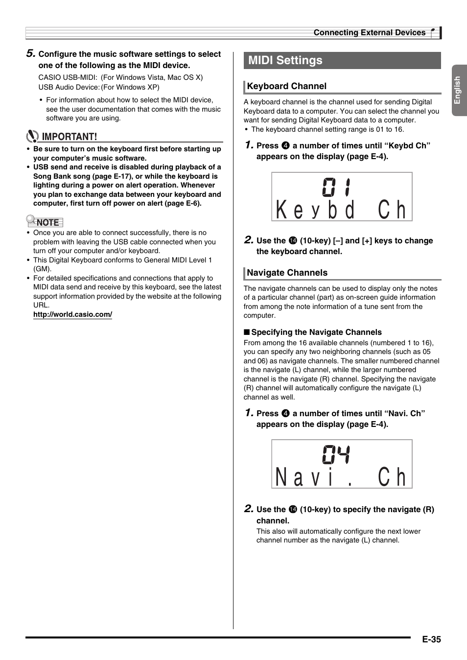 Midi settings | Casio LK230ES1A User Manual | Page 37 / 47