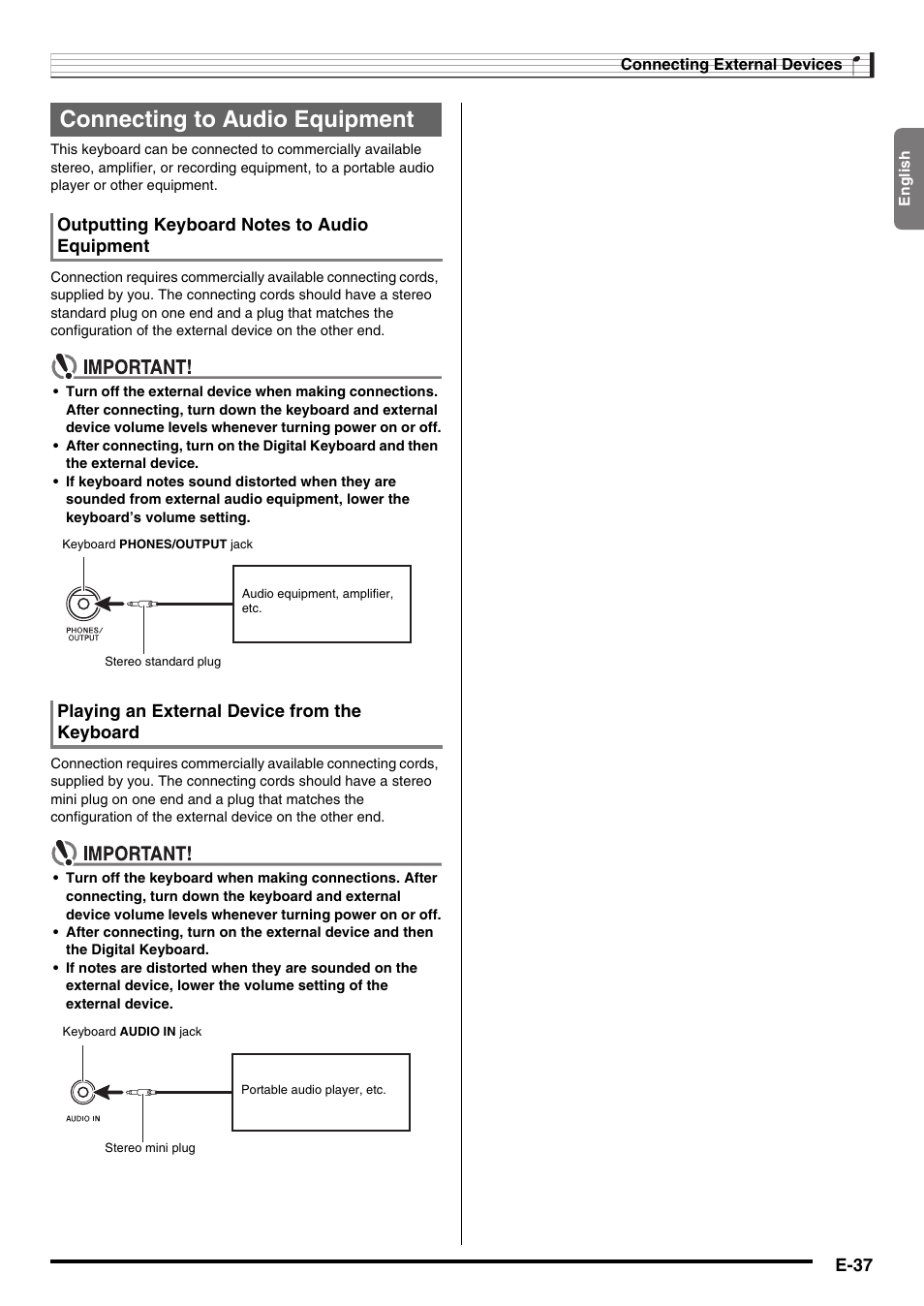Connecting to audio equipment, E-37 | Casio LK230ES1A User Manual | Page 39 / 47