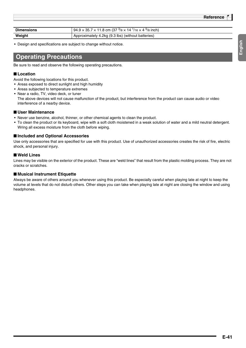 Operating precautions, E-41 | Casio LK230ES1A User Manual | Page 43 / 47