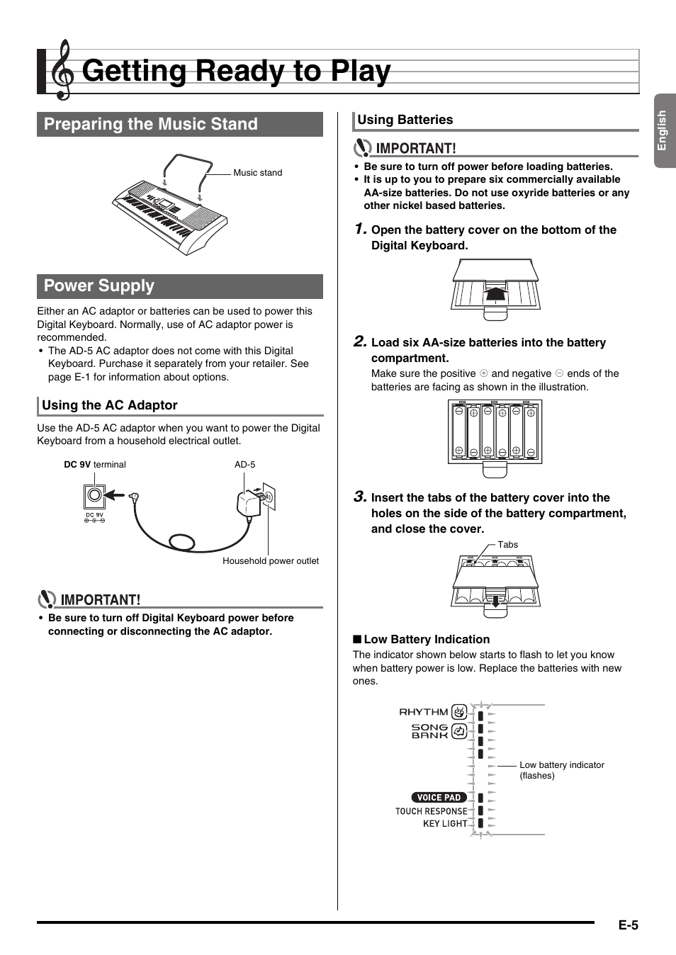 Getting ready to play, Preparing the music stand power supply | Casio LK230ES1A User Manual | Page 7 / 47