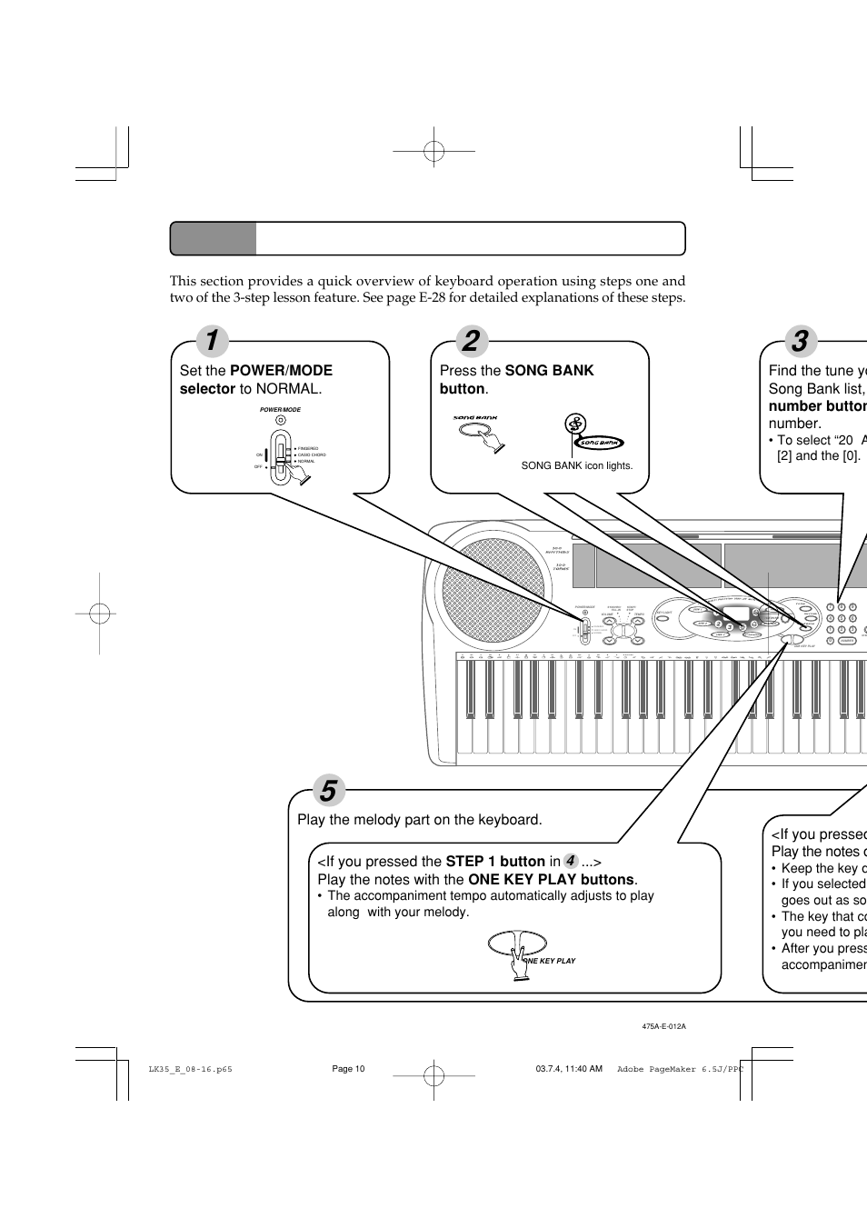 Quick reference, Press the song bank button, E-10 | With your melody, A[2] and the [0 | Casio LK35 User Manual | Page 12 / 48