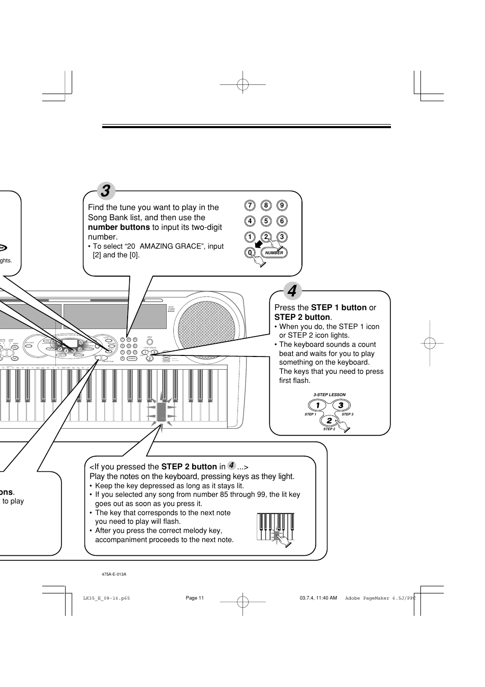 4ons, Press the step 1 button or step 2 button, E-11 | S to play, Amazing grace”, input [2] and the [0 | Casio LK35 User Manual | Page 13 / 48