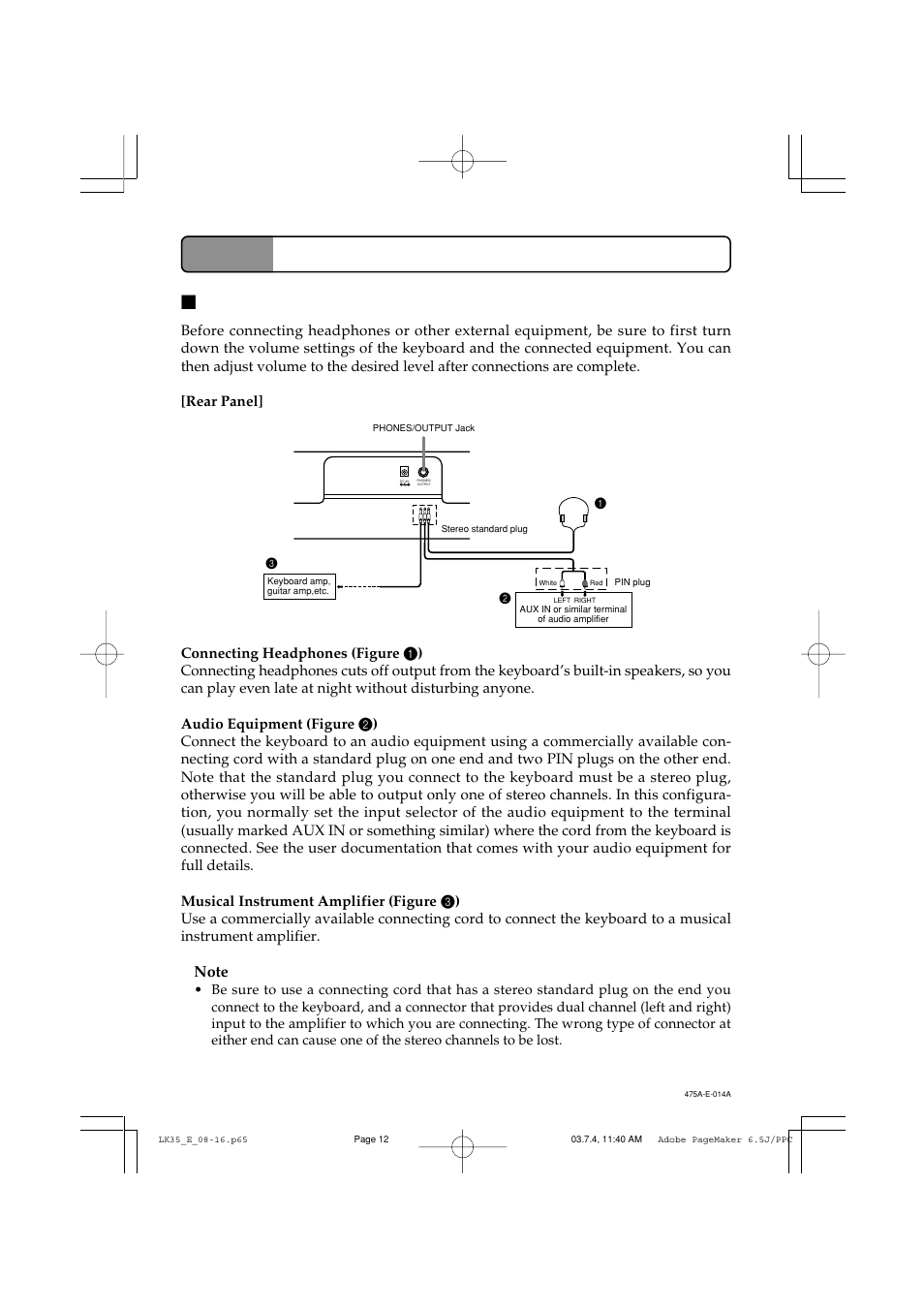 Connections, Phones/output jack | Casio LK35 User Manual | Page 14 / 48