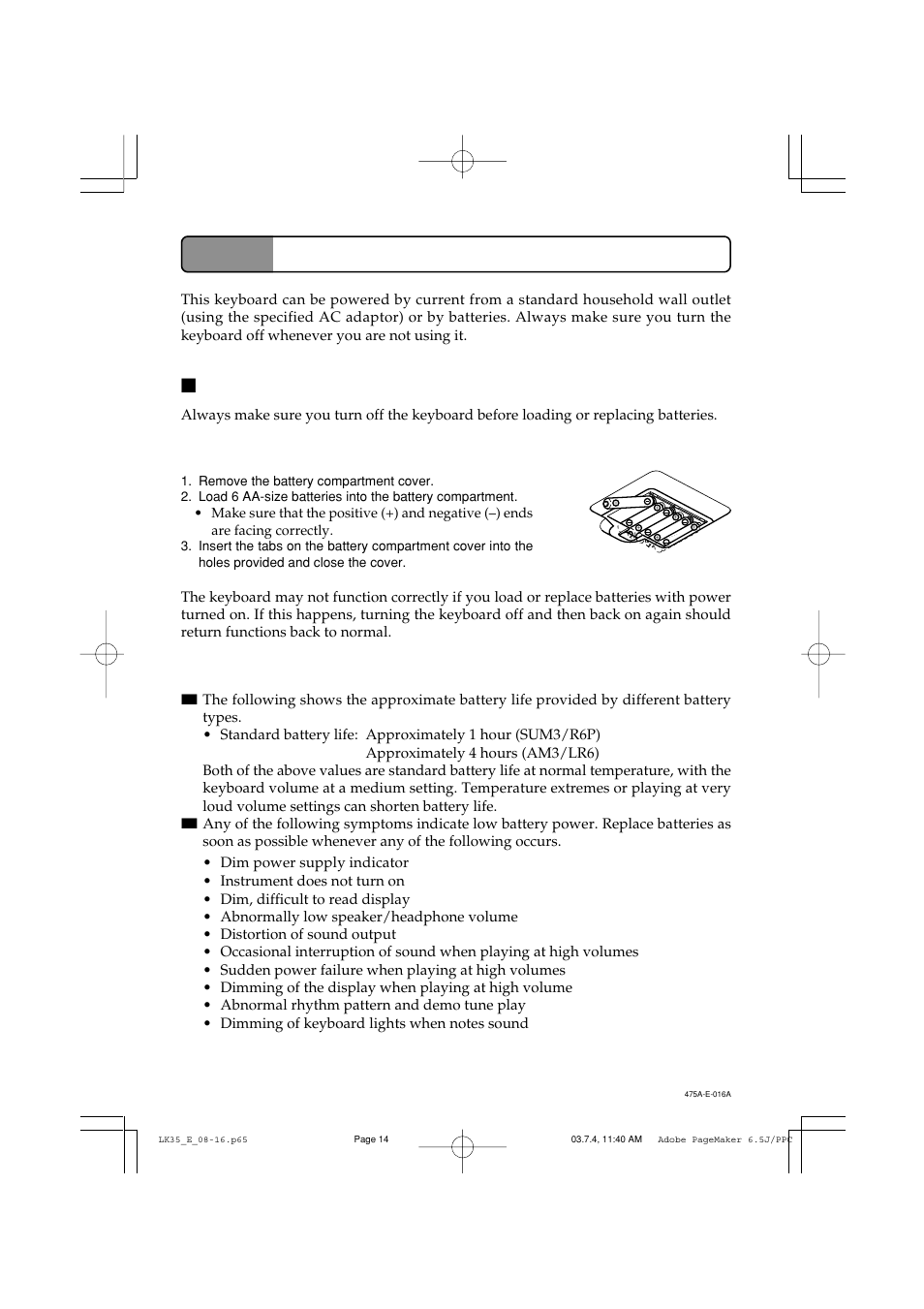 Power supply, Using batteries | Casio LK35 User Manual | Page 16 / 48