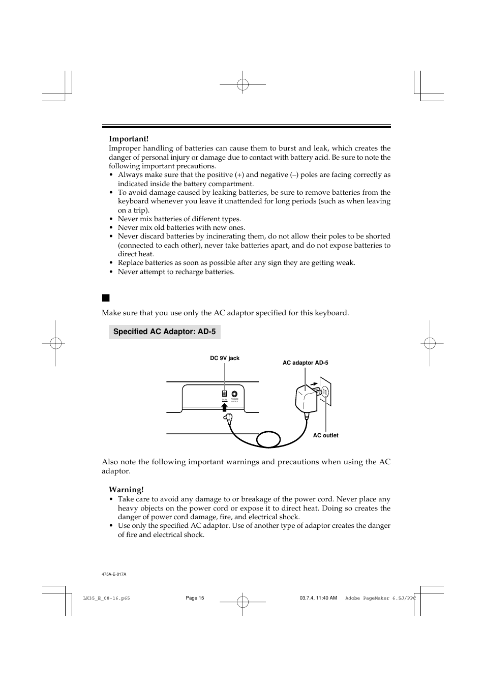 Using the ac adaptor, Important, Warning | Casio LK35 User Manual | Page 17 / 48