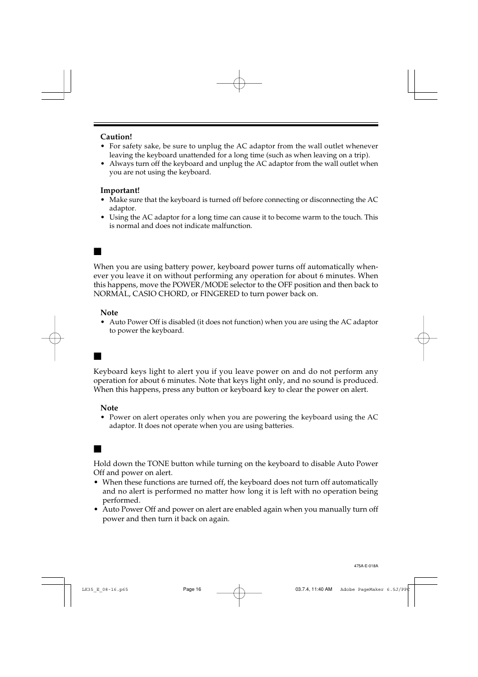 Auto power off, Power on alert | Casio LK35 User Manual | Page 18 / 48