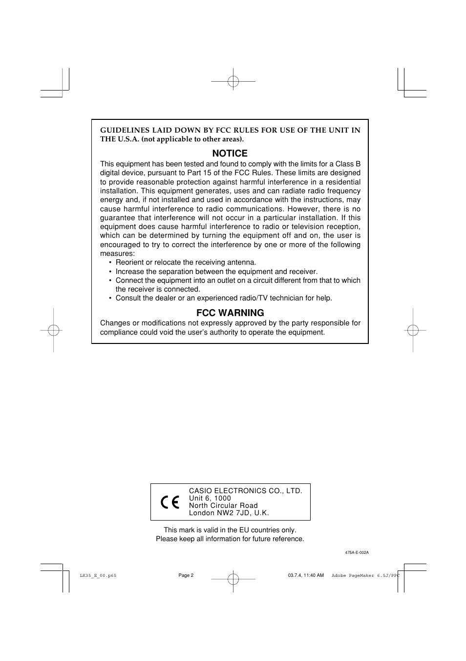 Notice, Fcc warning | Casio LK35 User Manual | Page 2 / 48