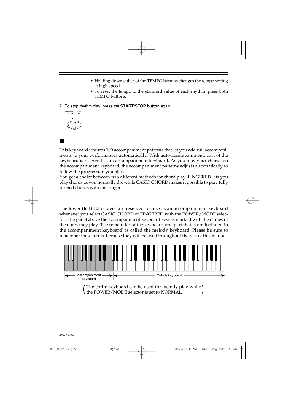 Using auto-accompaniment, About the accompaniment keyboard | Casio LK35 User Manual | Page 25 / 48