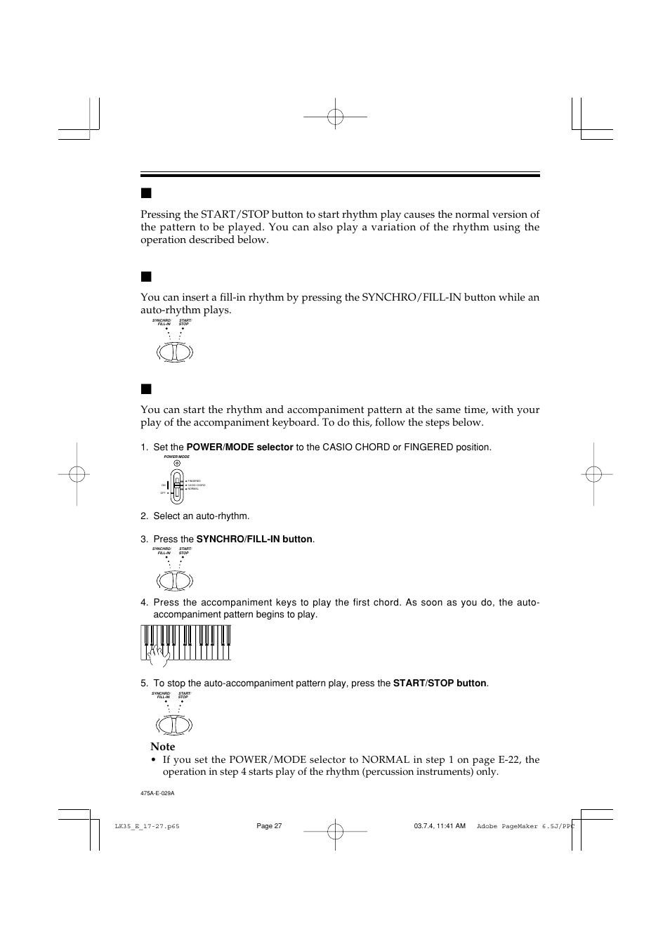 Improvising with the preset patterns, Using fill-in rhythm, Using synchro start | E-27 | Casio LK35 User Manual | Page 29 / 48