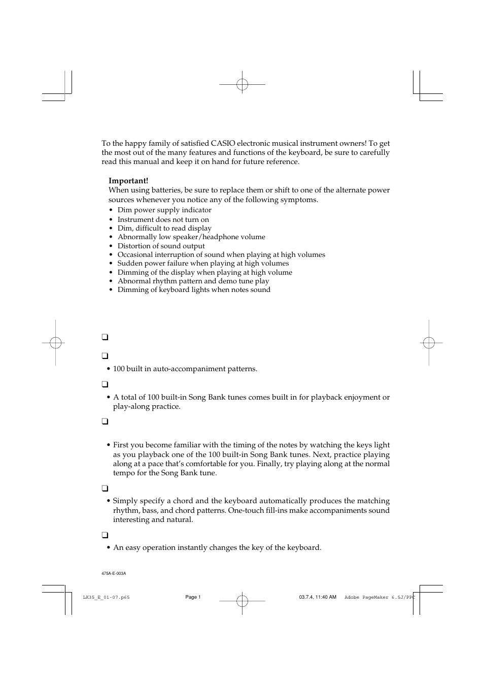 Welcome, Main features | Casio LK35 User Manual | Page 3 / 48