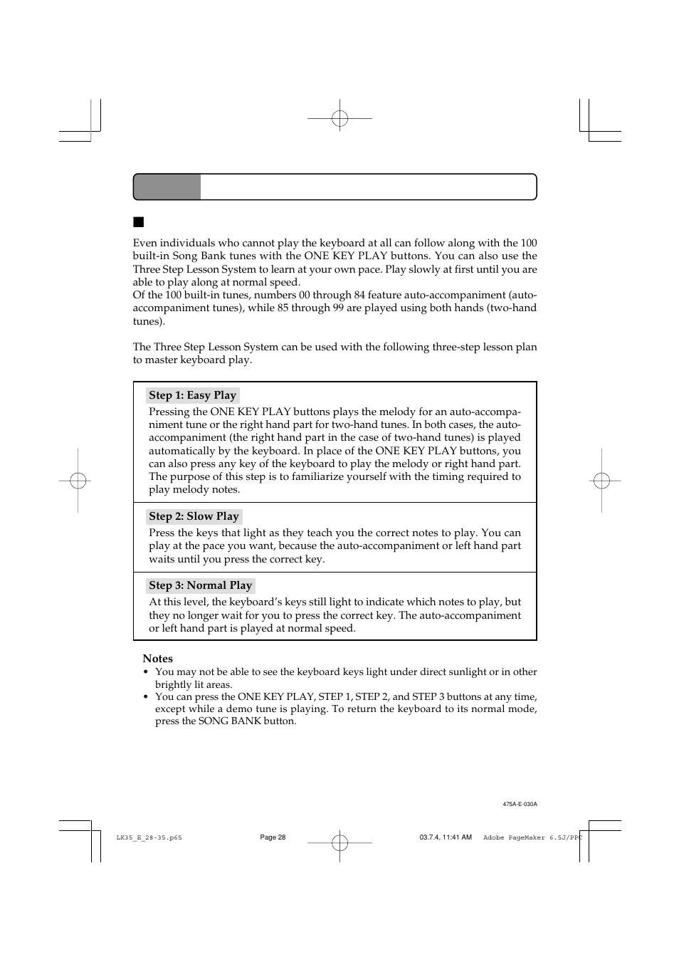 Three step lesson system, Using three step lesson system | Casio LK35 User Manual | Page 30 / 48