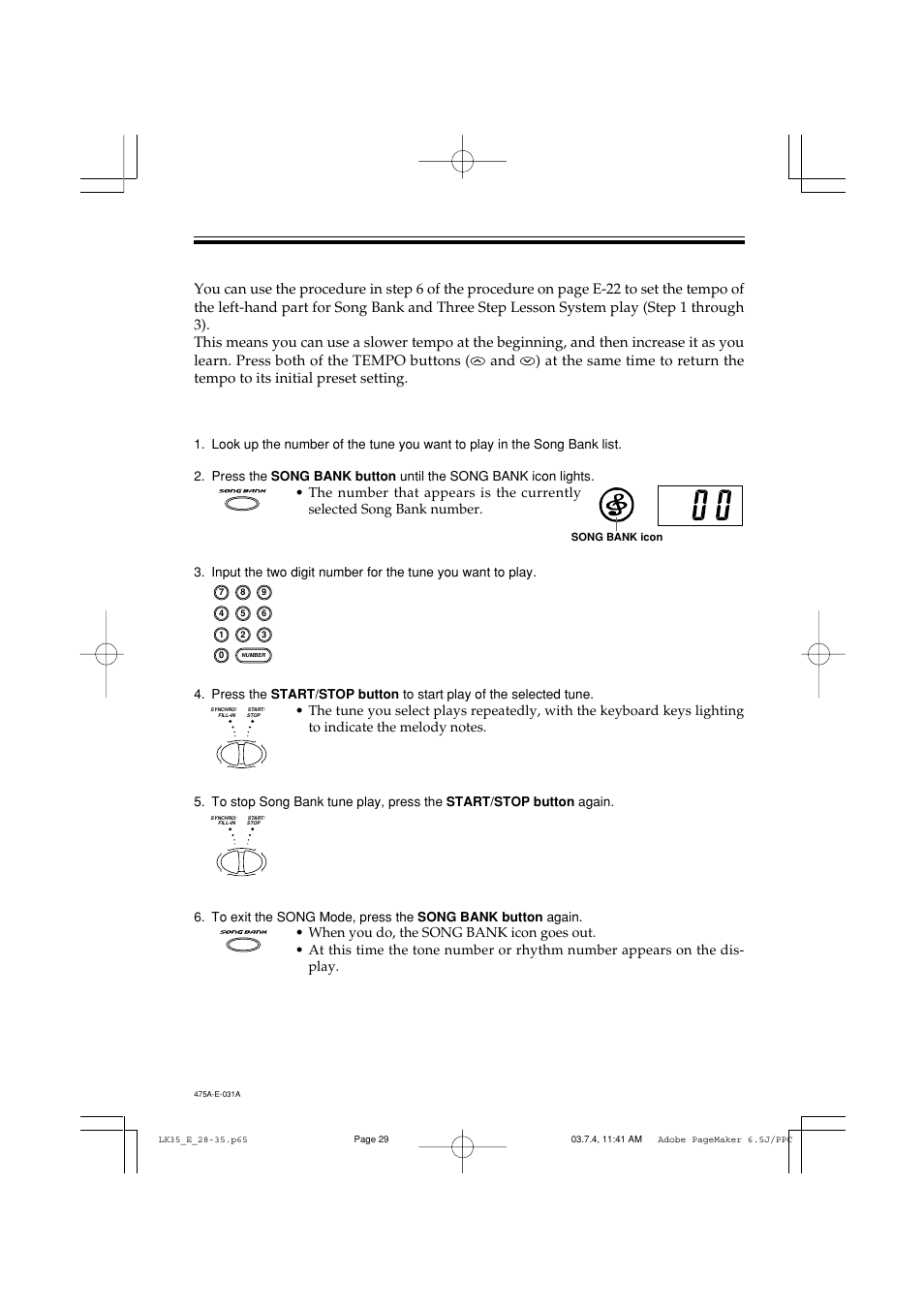 Three step lesson system tempo setting, E-29 | Casio LK35 User Manual | Page 31 / 48