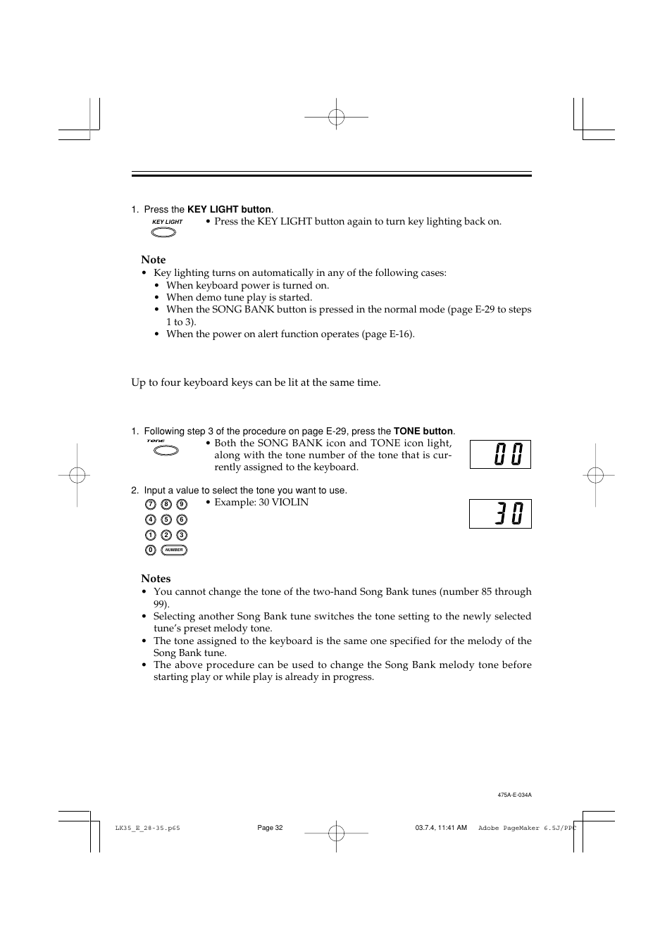 Turning off key lighting, Number of simultaneously lit keys | Casio LK35 User Manual | Page 34 / 48