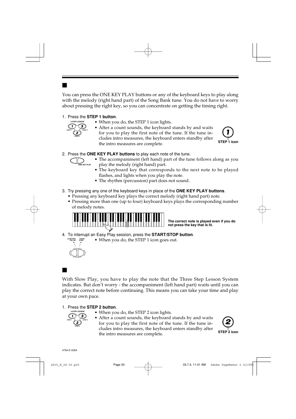 Step 1: easy play, Step 2: slow play, E-33 | When you do, the step 1 icon goes out | Casio LK35 User Manual | Page 35 / 48