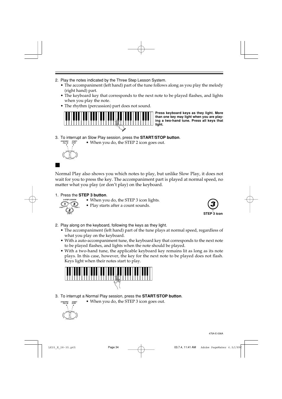 Step 3: normal play | Casio LK35 User Manual | Page 36 / 48