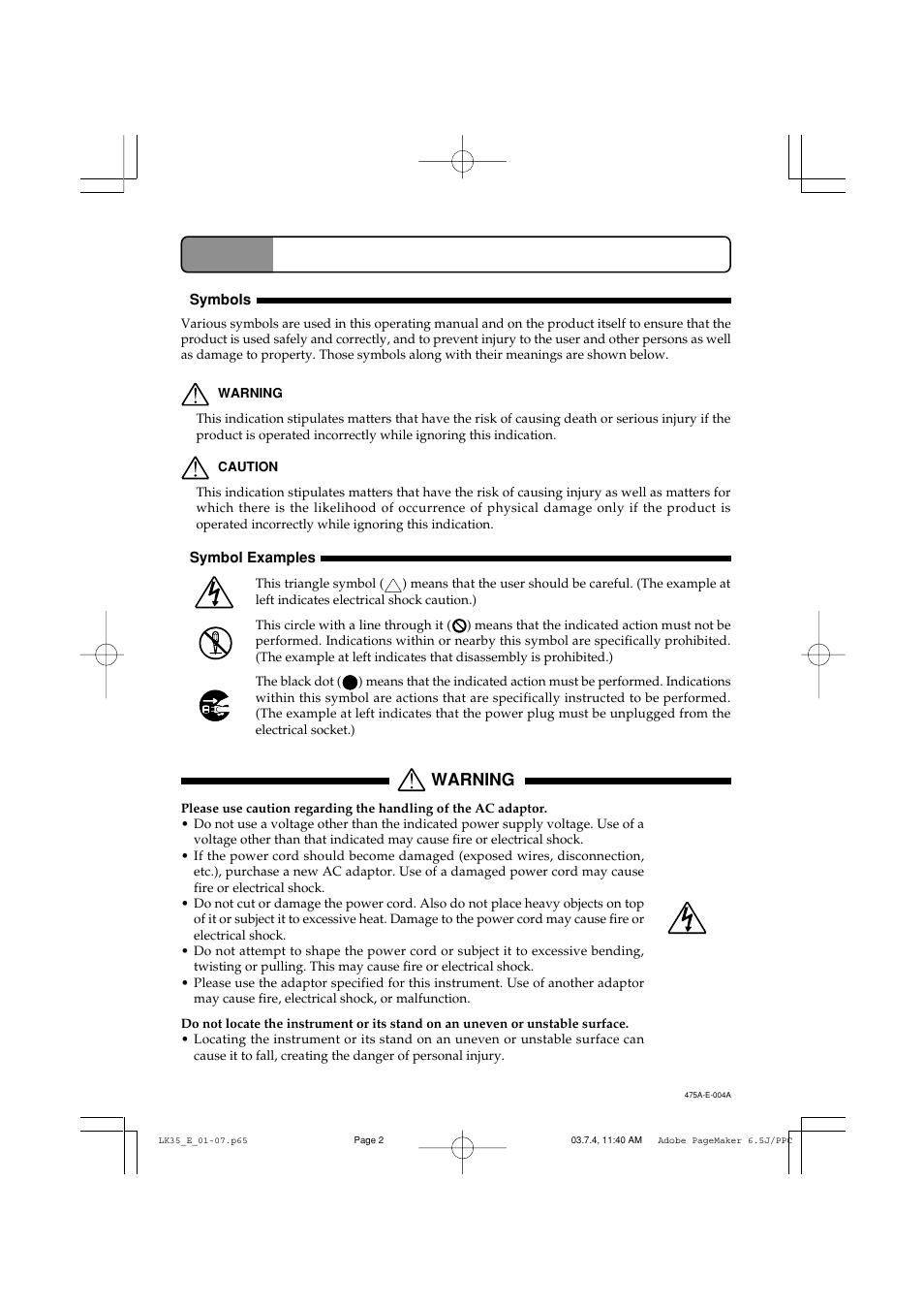 Safety precautions, Warning | Casio LK35 User Manual | Page 4 / 48