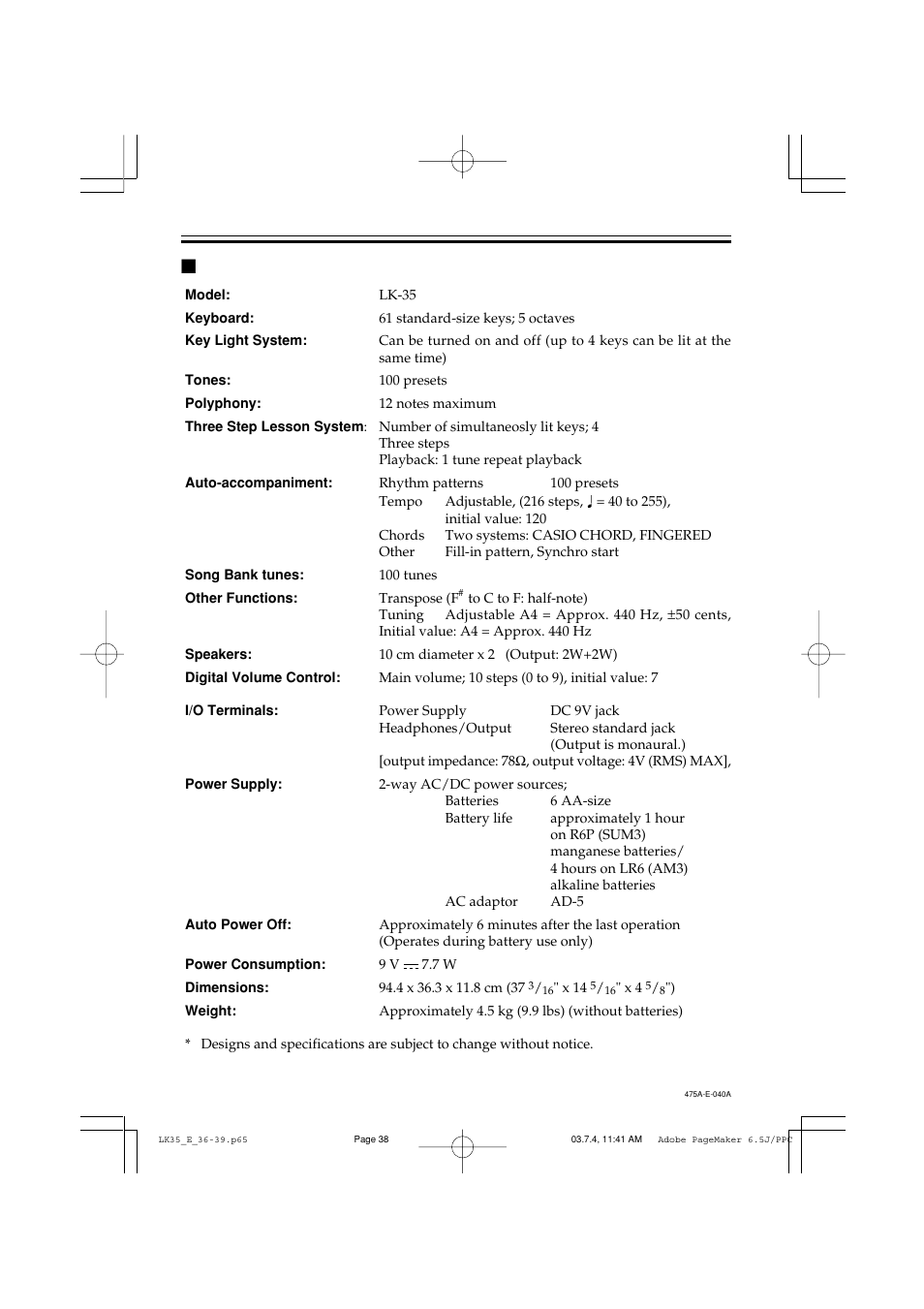 Specifications | Casio LK35 User Manual | Page 40 / 48