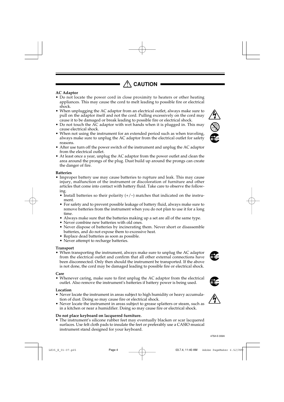 Caution | Casio LK35 User Manual | Page 6 / 48