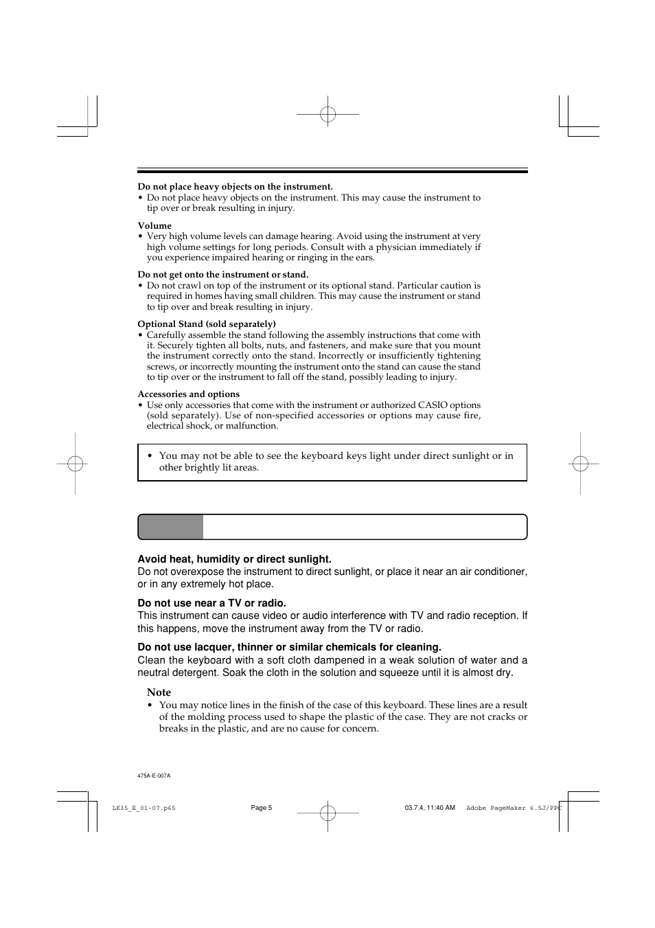 Care of your keyboard | Casio LK35 User Manual | Page 7 / 48