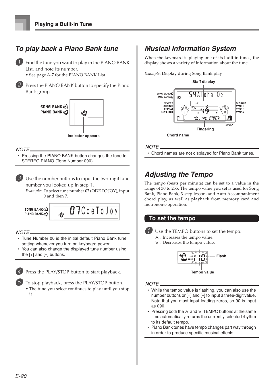 Musical information system, Adjusting the tempo | Casio LK210/215ES1A User Manual | Page 22 / 59