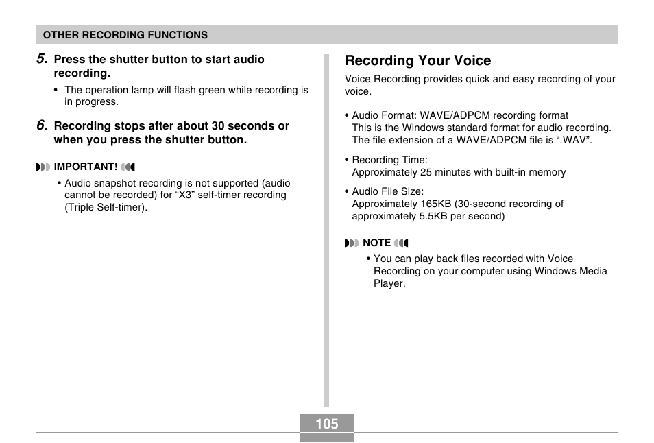 Recording your voice | Casio EX-Z600 User Manual | Page 105 / 238